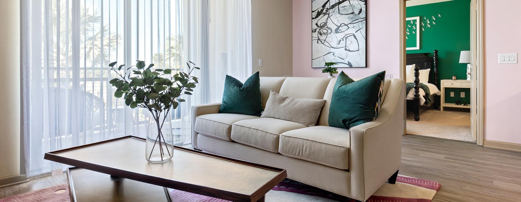 a living room with a couch and a coffee table