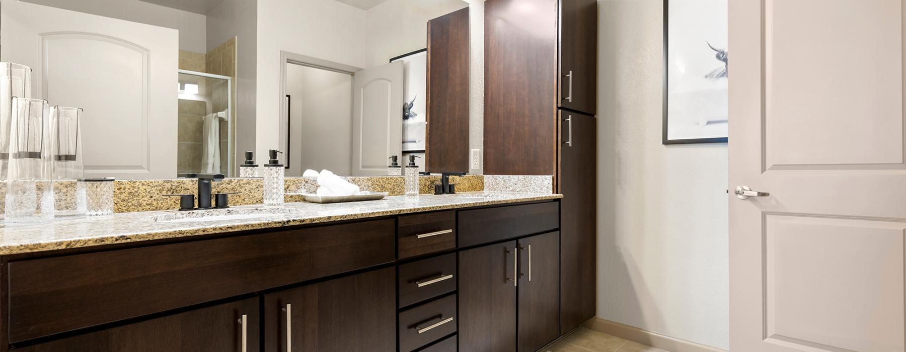 a bathroom with a marble countertop